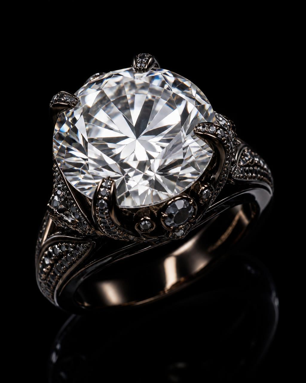 Round brilliant diamond ring in blackened gold with black pavé shoulders