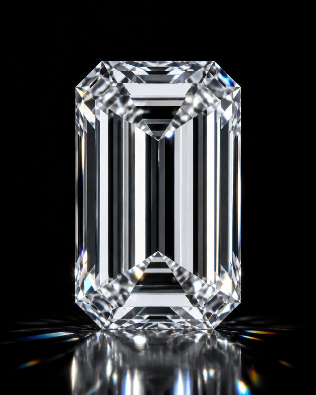 Emerald-cut diamond solitaire standing upright on a mirrored surface