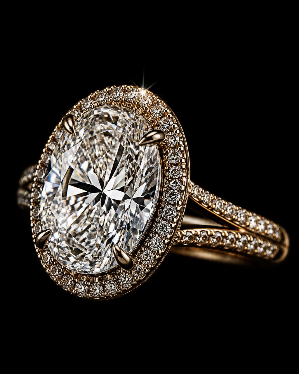 Oval-cut diamond cocktail ring with a pavé halo in dark gold