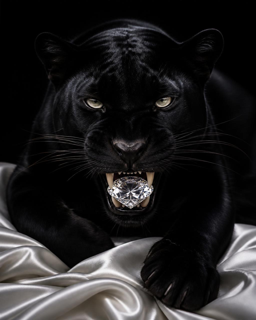 Jet-black panther holding a brilliant-cut diamond in its jaws on white silk