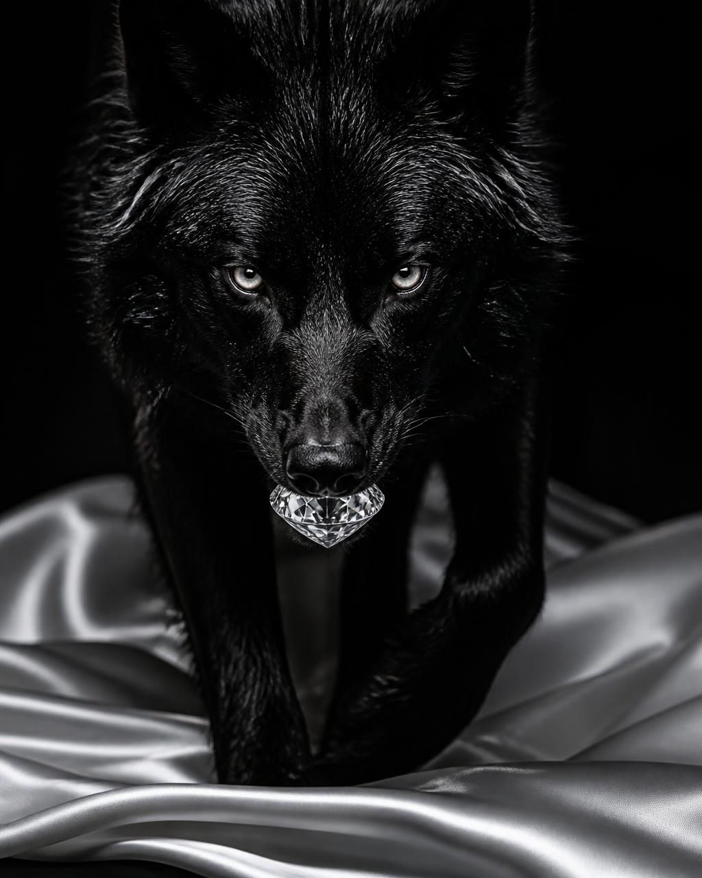 Black wolf carrying a brilliant-cut diamond in its teeth on white silk