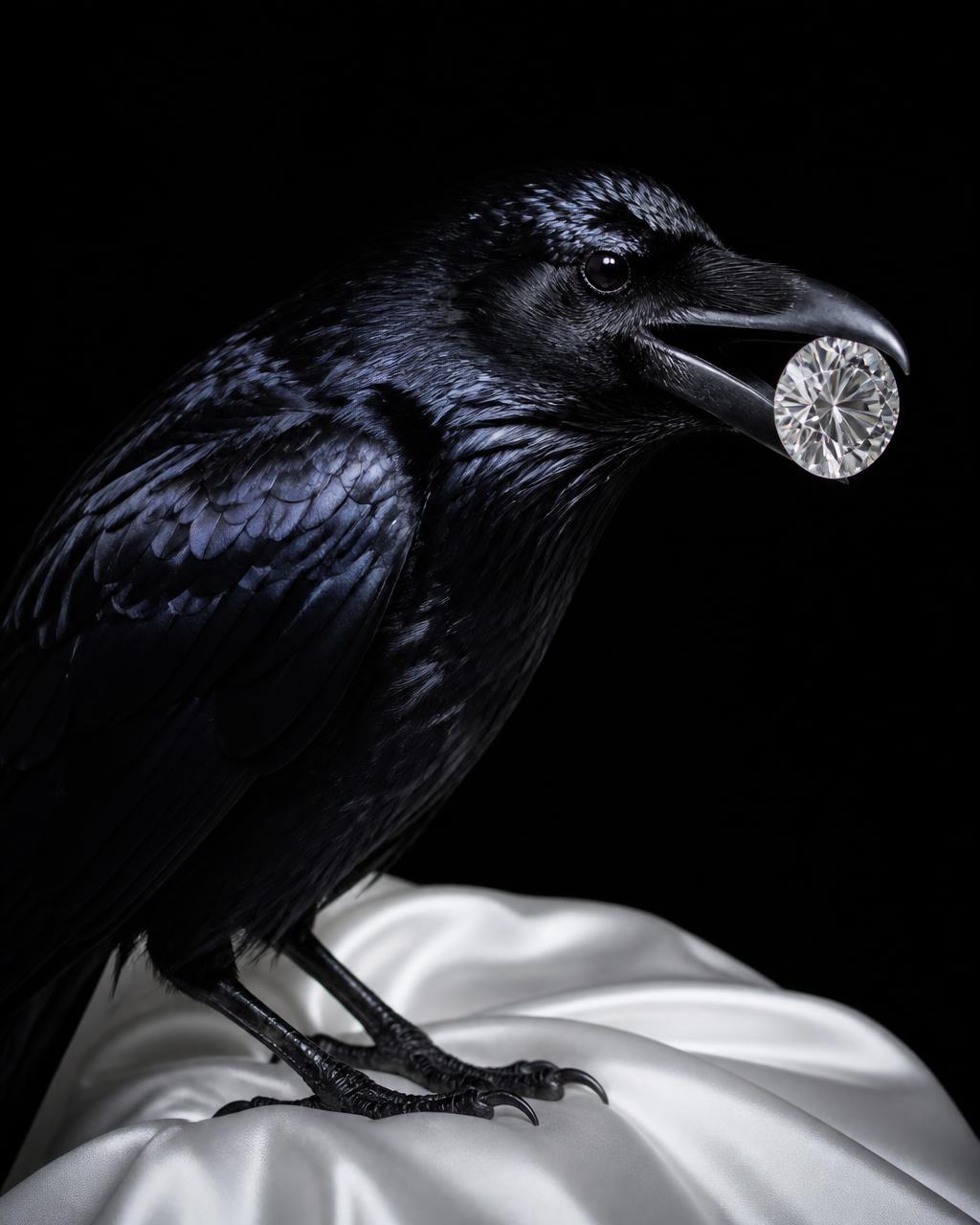 Glossy black raven holding a brilliant-cut diamond in its beak