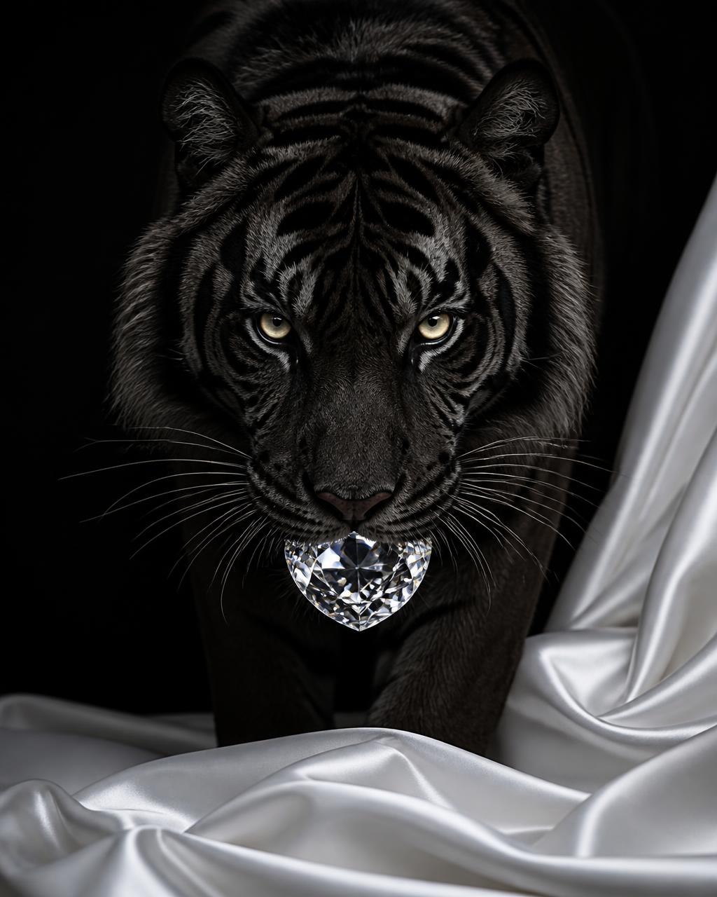 Dark melanistic tiger holding a large brilliant-cut diamond in its jaws