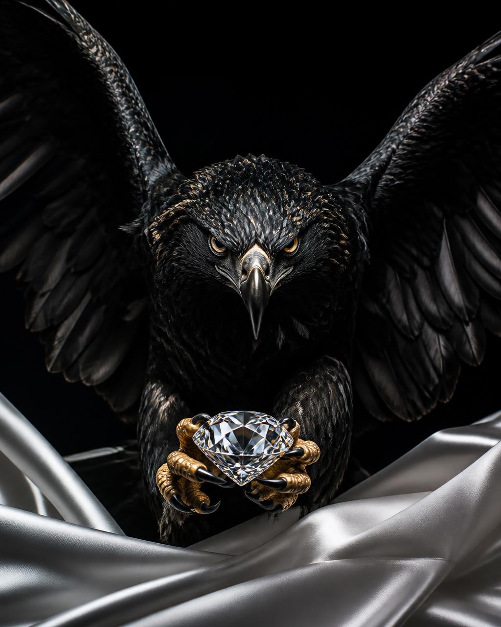 Black eagle with spread wings clutching a large diamond in its talons