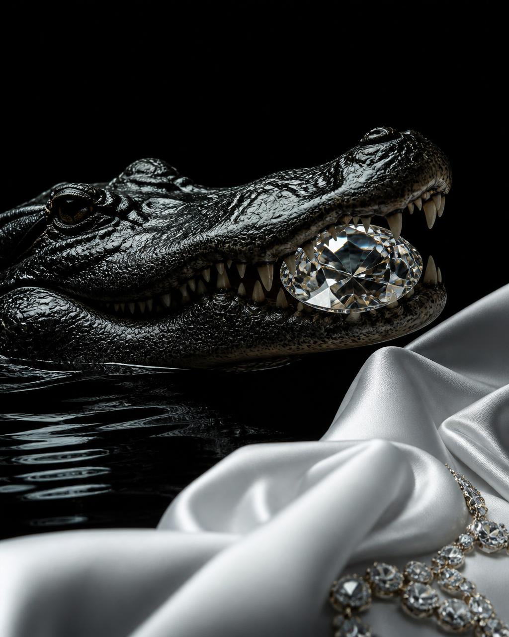 Black crocodile with a huge oval diamond between its jaws above dark water