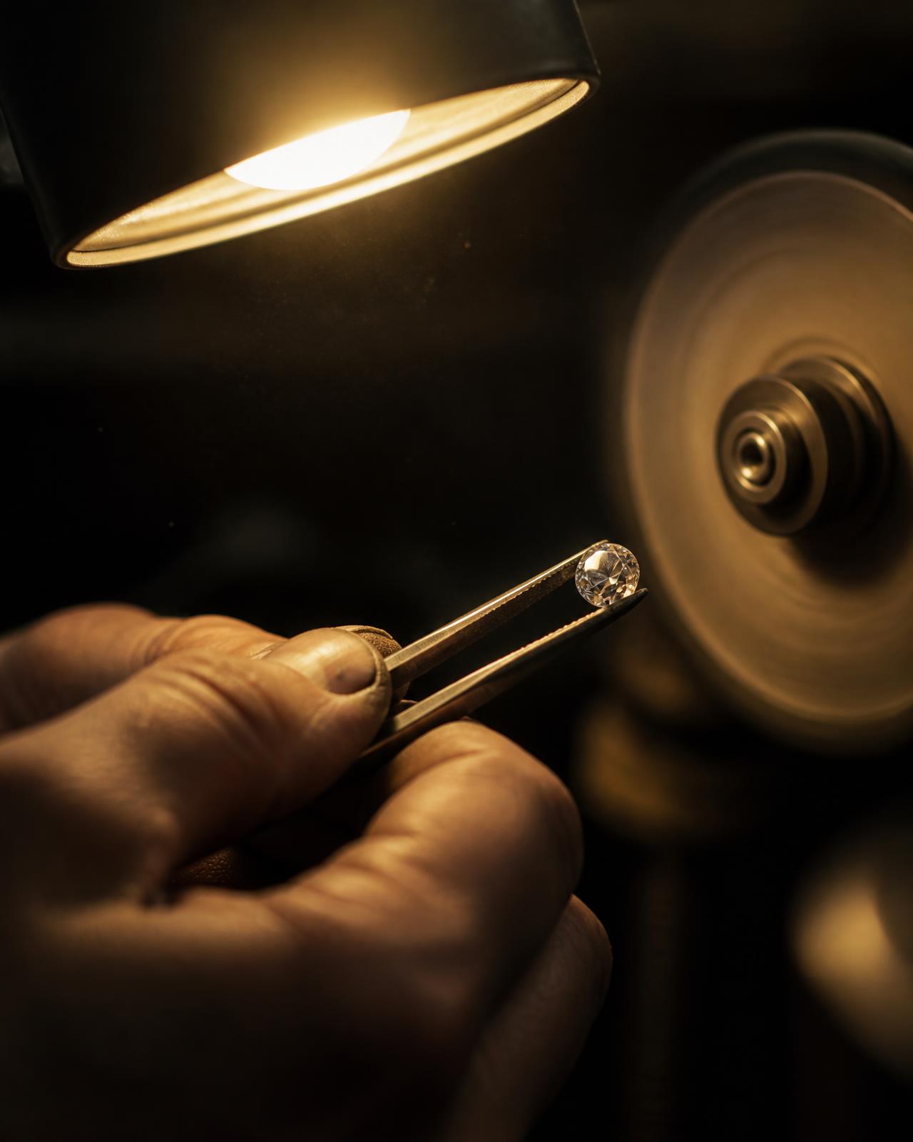 Master cutter's hands holding a brilliant-cut diamond in tweezers beside a polishing wheel