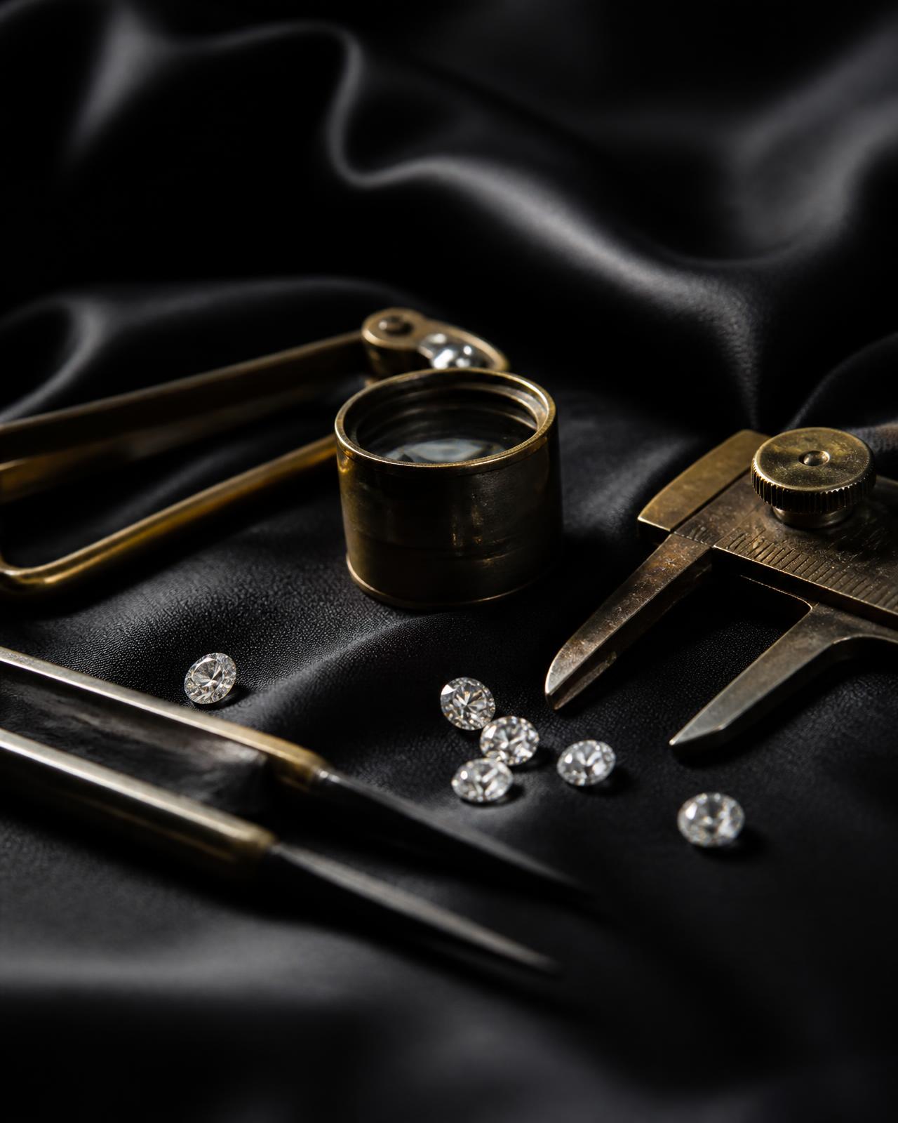 Antique jeweller's tools and loose diamonds arranged on black silk